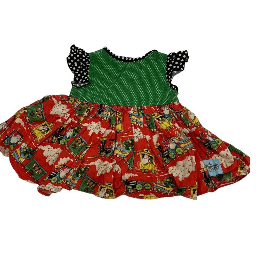 BOUTIQUE SWEET PETUNIA Vintage Santa Train Christmas Peplum Dress SZ 2